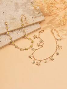 2pcs Summer Sweet Daisy Decor Anklet With Starfish Tassel Anklet, Fashionable Popular Girls Multi-Layer Stackable Foot Jewelry, Suitable For Daily Wear, Beach Vacation, Party And Date, Handmade Chain Cut By Length, Flower And Starfish Arrangement Order And Number Are Random - Multicolor - View 3