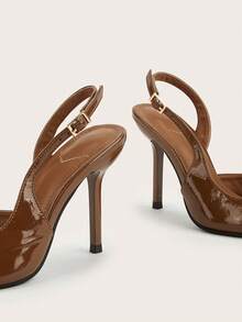 Pointed Toe Closed Toe Brown Faux Suede Minimalist Elegant Office Single Strap Buckle Slingback Stiletto High Heels - Brown - View 5