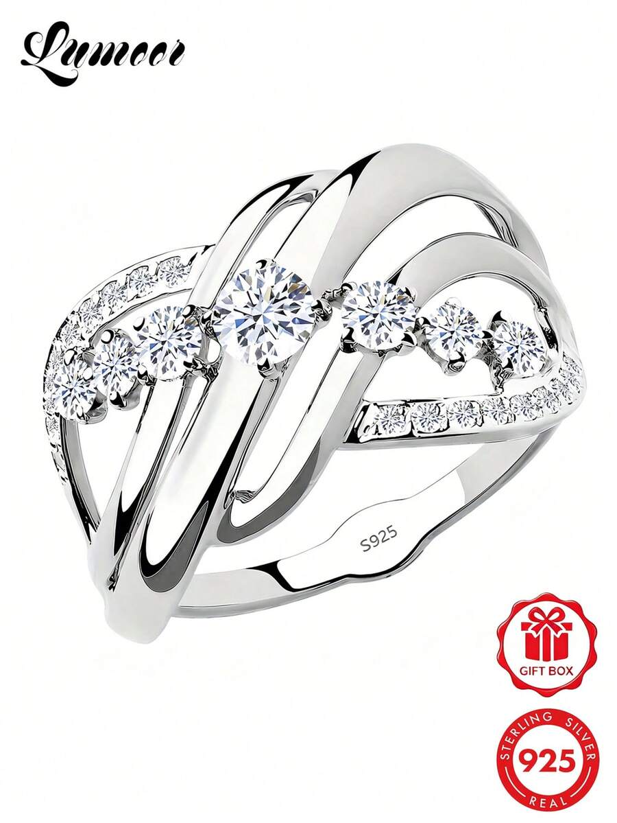 1pc S925 Sterling Silver Ring, Multi-Layer Cross Fashion Design Inlaid With Synthetic Cubic Zirconia, Suitable For Daily Wear And Gifting, Comes With Gift Box