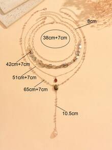 4pcs/Set Vintage Earth Tone Multi-Layer Necklace Set With Plain Chain, Flat Stone, Beaded Round Beads, Y-Shaped Pendant Chain Combination, Multi-Specification Brown Colorful Stone Decor, Women's Neck Jewelry Suitable For Holiday, Party, Beach, Casual, Travel, Desert, Short Trip, Daily Minimalist Outfit, Stone Shape, Size And Color Depth Are Random - Multicolor - View 4