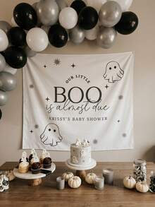 Customized Halloween Baby Shower Backdrop - Personalized "Our Little Ghost Is Coming Soon" Ghost Banner, Cute Autumn Gender Reveal Party Photo Background - Multicolor - View 3