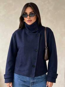 Women's Navy Blue Short Coat, Funnel Neck, Double-Button Design, Woven Fabric, Suitable For Winter Wear - Navy Blue - View 4