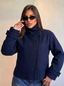 Women's Navy Blue Short Coat, Funnel Neck, Double-Button Design, Woven Fabric, Suitable For Winter Wear - Navy Blue - View 5