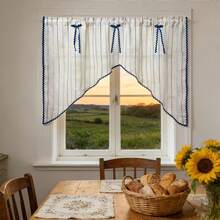 1PC New Japanese Style Linen Blue Striped S-Curved Edge Designer Window Curtain, Small Kitchen Curtain, Multi-Purpose Translucent Decorative Curtain With Rod Pocket Design, Fresh Style Finished Short Curtain - Beige - View 9