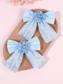 2 Stücke blaue Spitzen-Schleifen-Haarspangen für Mädchen, mit Blumen & Strass verzierte Haarspangen, exquisite kurze Krokodil-Clips, süß, niedlich, Prinzessin, Mode, minimalistische Haarspangen, Hochzeit, Alltag, Geschenk Haarspangen, Teenager Haaraccessoires - Blau - Übersicht 4