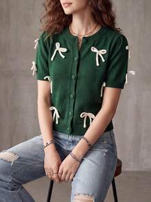 Women's Round Neck Bow Short Sleeve Cardigan With Fabric Buttons | 2026 Spring/Summer New Arrival | Elegant Fashion Versatile Daily Wear - Green - View 5