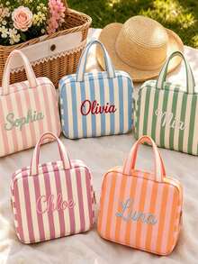1 buah Tas Perlengkapan Mandi Bergaris yang Dipersonalisasi, Tas Kosmetik dengan Bordir Nama, Kantong Penyimpanan Perhiasan, Organizer Kosmetik Perjalanan yang Disesuaikan, Hadiah untuk Pengiring Pengantin, Hadiah Wisuda (Untuknya) - MultiWarna - View 6