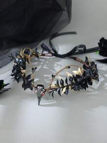 1 buah Bando Tengkorak Gagak Gaya Gothic Gelap Hitam & Emas, Ornamen Dahi Penyihir Peri Halloween, Mahkota Rambut Pita Pesta Cosplay - Hitam dan emas - View 1
