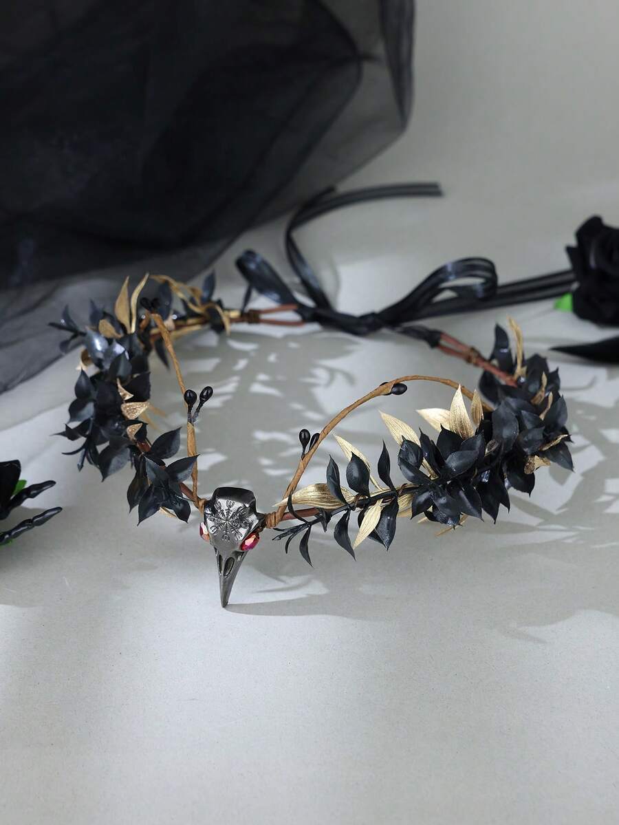 1 buah Bando Tengkorak Gagak Gaya Gothic Gelap Hitam & Emas, Ornamen Dahi Penyihir Peri Halloween, Mahkota Rambut Pita Pesta Cosplay - Hitam dan emas - View 1