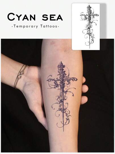 1pc Herbal Black White Stippling Gothic Vines Ornate Cross Long Vertical Pattern Temporary Tattoo Sticker, Realistic Fake Tattoo Design, Suitable For Daily Bachelorette Party Favors, Music Festivals, Gaming, Graduation Gifts, Lasts 7-14 Days