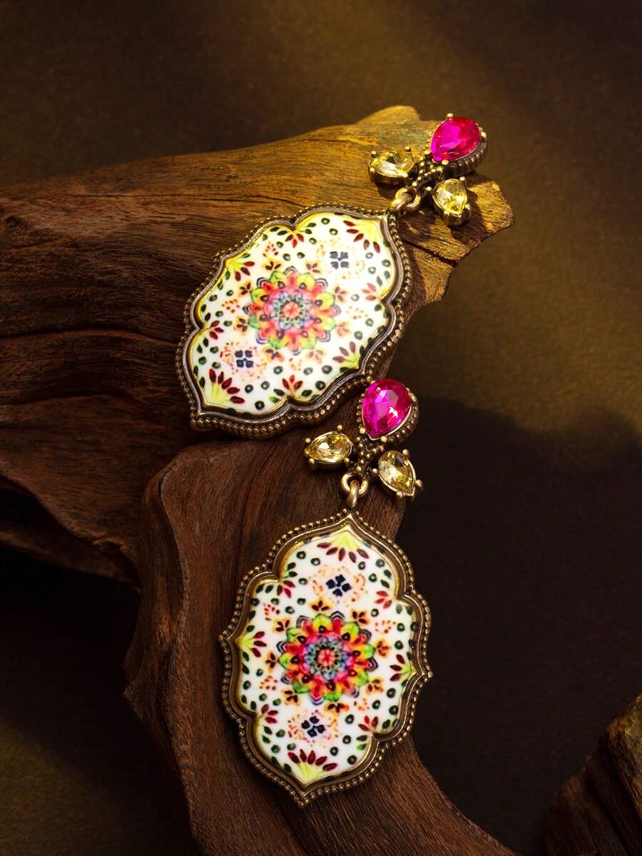 1 Pair French Vintage Mandala Pattern Enamel Long Earrings, Persian ...