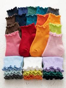 6 Pairs Kids Random Neutral Color Autumn/Winter Ruffle Trim Solid Color Soft Breathable Casual Mid-Calf Socks, Match With Skirts, Student Socks, Back To School Season Gift - Multicolor - View 2