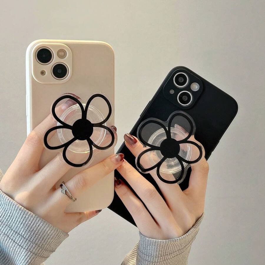 1 buah Casing Ponsel Minimalis Niche Transparan Hitam Motif Bunga Epoxy dengan Stand Kreatif, Stiker Belakang Universal yang Dapat Ditarik, Stand Bunga Berputar 360°, Universal - Hitam - View 1
