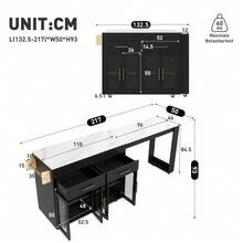 Mobile Kitchen Island/Kitchen Trolley With Wheels, Extendable Bar Table With Storage Space, Kitchen Cabinet With Glass Doors, Drawers And Shelf, White, 132.5-217 X 50 X 93 Cm - Black - View 7