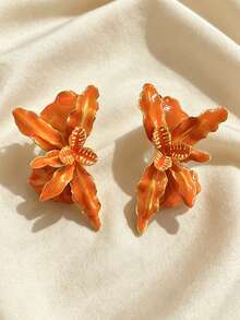 1 Pair Summer Fresh Bohemian Style Elegant Orange Enamel 3D Orchid Design Women's Earrings, Suitable For Island Travel Photography, Daily Wear, Vacation, Party - Orange - View 4
