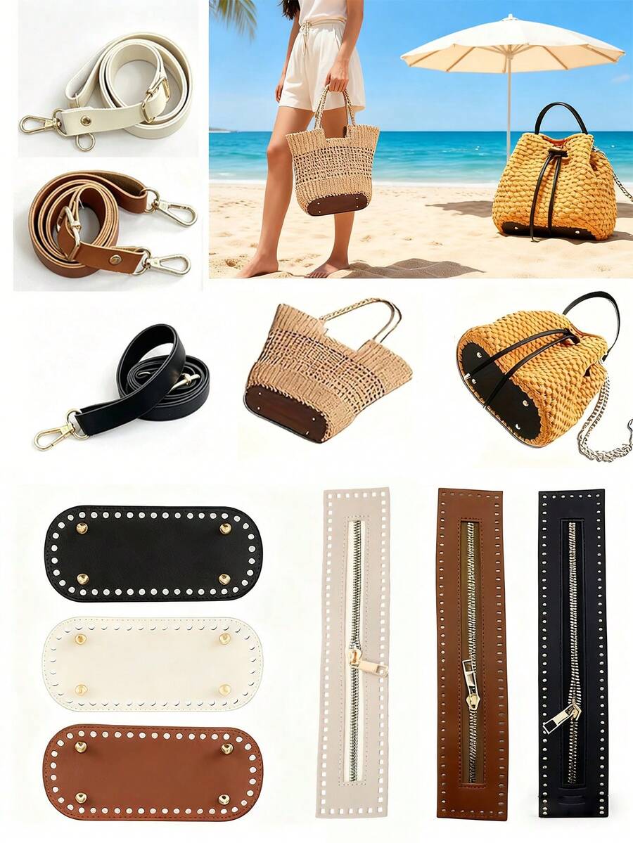 1 Set 3pcs Durable PU Material Handmade DIY Crochet Bag Making Kit, Includes Adjustable Shoulder Strap, Base And Zipper Closure, Label. Pre-Punched Design For Easy Crocheting And Sewing. Beige, Black, Brown Available. Perfect For Making Handbags, Shoulder Bags And Crossbody Bags, Ideal Gift Choice For Beginners, DIY Wallet, Crafters And Craft Classes.