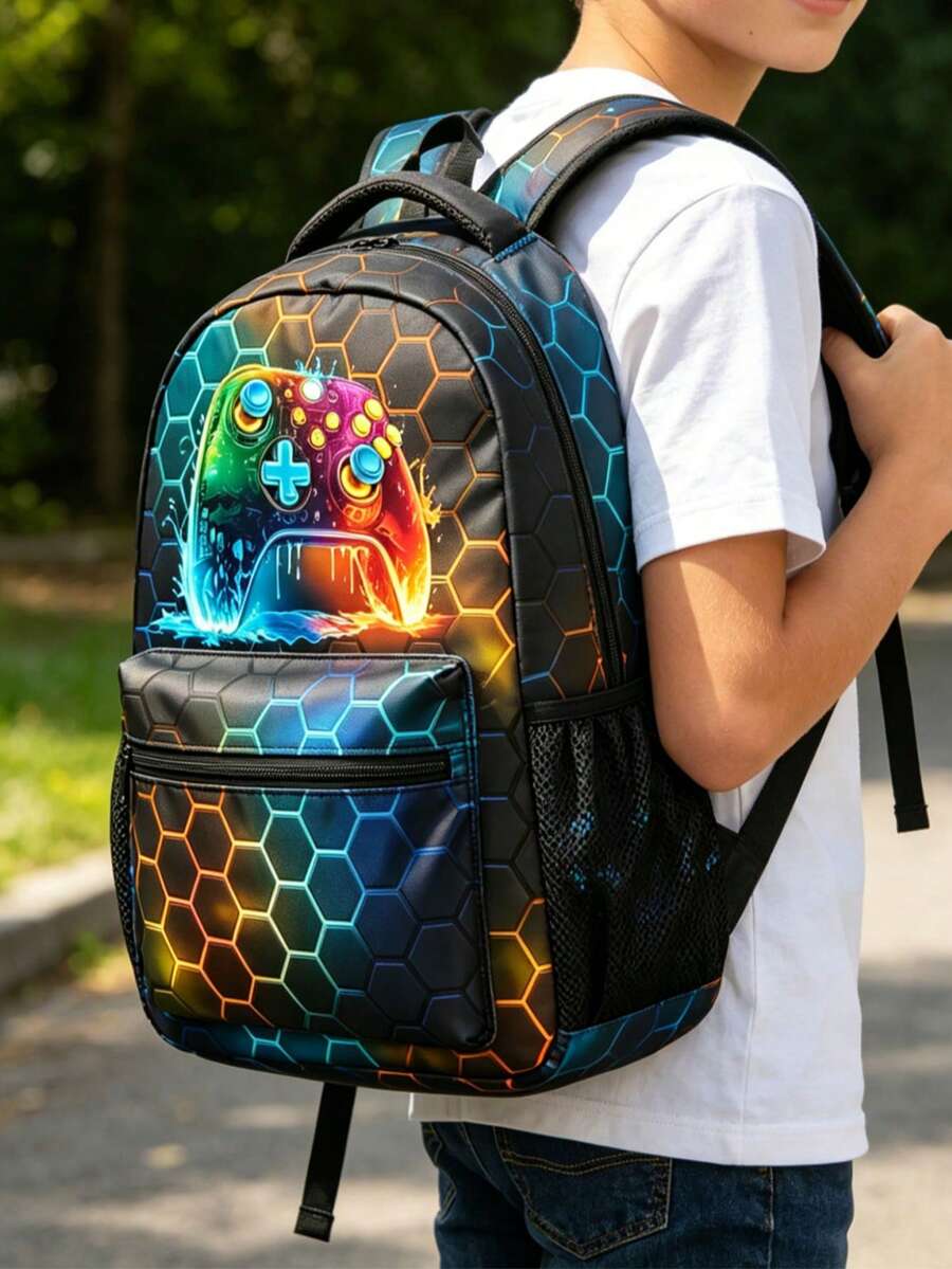 Mochila escolar para estudiantes - Mochila con patrón de videojuegos para adolescentes de escuela secundaria - Mochila casual de 16 pulgadas para videojuegos y viajes - Multicolor - Ver 1