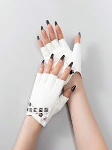 1 Pair New Rivet Design Spring/Autumn Sheepskin Half-Finger Leather Gloves Outdoor Cycling Leather Gloves Solid Color - Multicolor - View 13