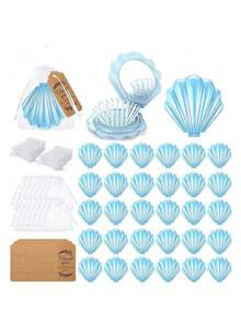 3/12/18pcs Blue Shell Air Cushion Comb Gift Bag Set, Includes Shell Mirror Comb + Organza Bag + Thank You Card, Compact Foldable Mirror Comb, Suitable For Weddings, Holiday Events, Birthdays, Theme Parties, Gatherings, Souvenirs, Scene Atmosphere Decoration - Multicolor - View 2