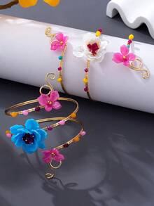 1 pieza/2 piezas Juego de brazaletes de flores 3D coloridas, brazalete abierto de metal con cuentas de alambre, accesorio de brazo multicapa premium para vacaciones en la playa - Brazalete multicapa con diseño floral - Ver 4