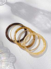 Juego de 5 pulseras apilables de resina acrílica vintage y elegante para mujer, adecuado para uso diario (color y patrón aleatorios) - Marrón - Ver 44