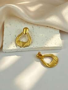 Chunky Ribbed Hollow Teardrop Dangle Earrings For Women Stainless Steel Hypoallergenic Twill Textured Retro Open Drop Women Statement Jewelry Gifts - Multicolor - View 7
