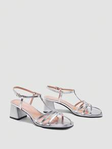 Women's Silver High Heel Pumps, Thick Heel Open Toe Party Heels, Wedding Shoes 7cm, Formal Dress Shoes, Slip-On Pointed Toe Sandals - Silver - View 1