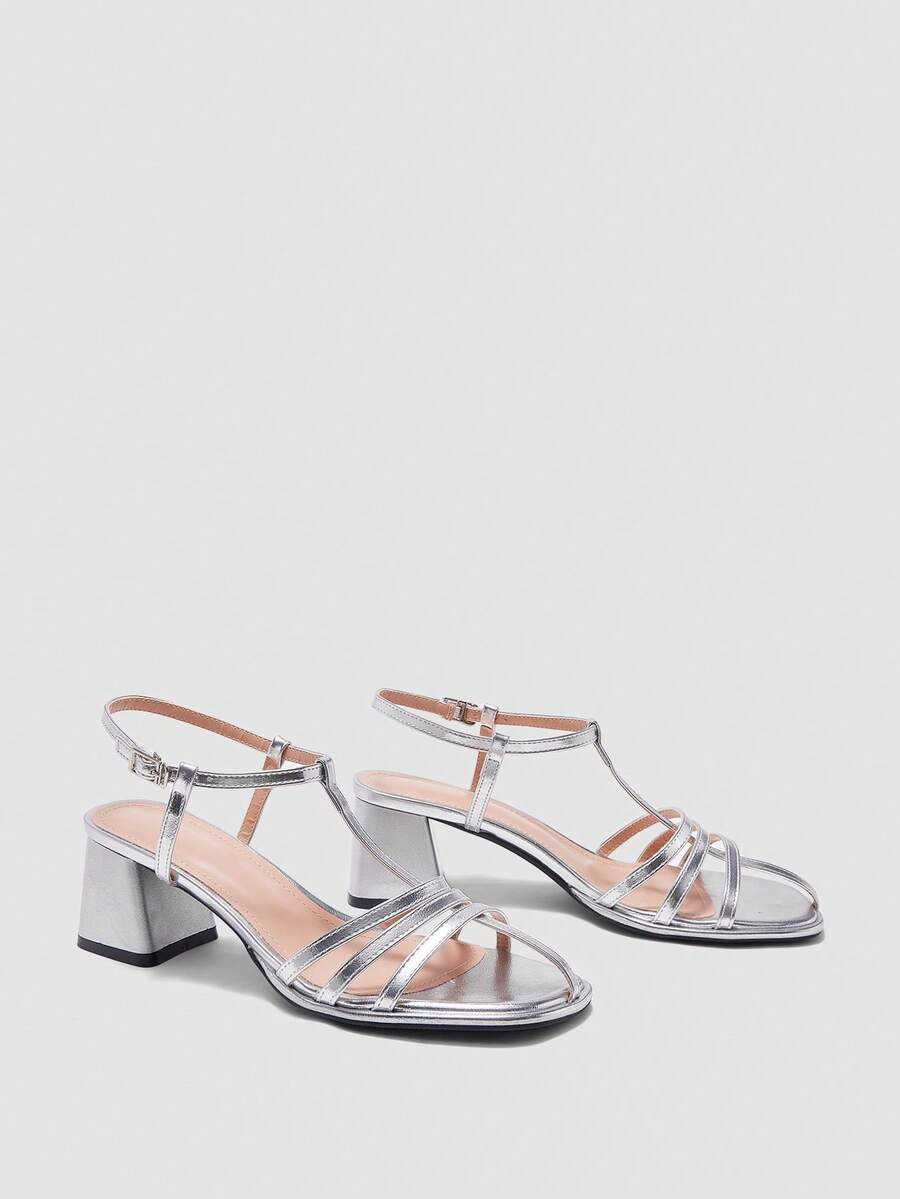 Women's Silver High Heel Pumps, Thick Heel Open Toe Party Heels, Wedding Shoes 7cm, Formal Dress Shoes, Slip-On Pointed Toe Sandals - Silver - View 1