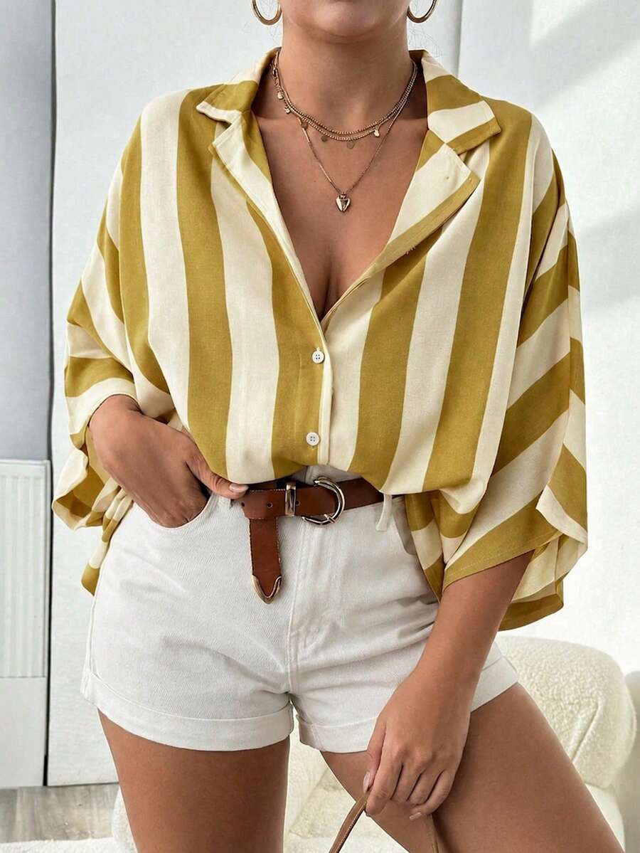 春夏大尺碼女款休閒寬鬆時尚百搭極簡黃色條紋襯衫,女款休閒上衣,度假穿搭 - 淡黃色 - 查看 1