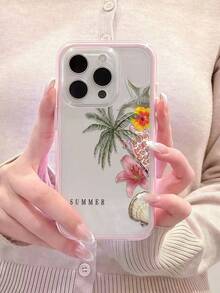 1pc Minimalist Summer Coconut Tree Pink Turtle Flower Pattern Phone Case, Color Block 2-In-1 TPU Shockproof Soft Shell Protective Cover Compatible With Apple 11/12/13/14/14 Plus/15/15 Plus/16/16 Plus/17/17 Pro And More Models - Multicolor - View 4