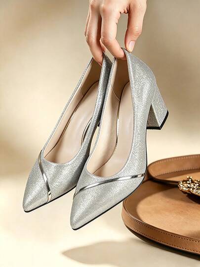 Silver Glitter Pointed Toe Chunky Heel Shallow Cut Pumps, Minimalist Metallic Line Design, Wedding Shoes, Party, Date, Daily Commute, Bridesmaid, Versatile Elegant Women's Shoes