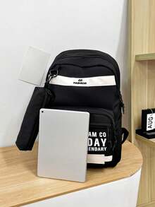 2件裝大學風時尚美式足球卡通印花大容量後背包，適合青少年校園開學季 - 黑色 - 查看 6