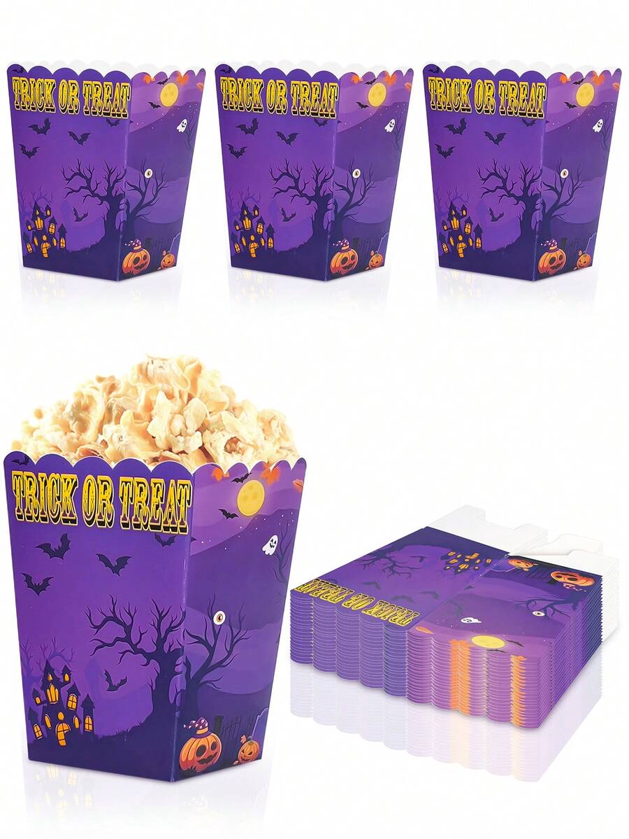 10pcs/20pcs/30pcs/50pcs Halloween Trick Or Treat Popcorn Boxes, 3.14x2.36x4.3 Inch Wavy Edge Purple Haunted House Ghost Bat Pumpkin Moon Paper Snack Containers, Candy Gift Storage Boxes, Suitable For Trick Or Treat, Movie Night, Halloween Party Favors, Holidays - Dark Purple Halloween - View 1