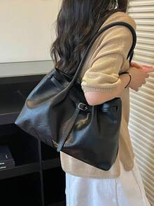 跨境歐美高端復古女款 2026 新款大容量托特包 通勤百褶單肩腋下包 - 黑色 - 查看 9