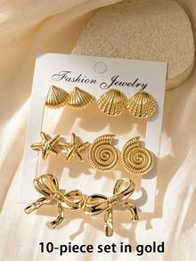 2/10/12pcs Fashion Smooth Left & Right Flower Water Drop Gold Earrings Set, Ocean Multiple Styles Stud Earrings, Suitable For Women's Daily Wear And Beach Vacation - Silver - View 10