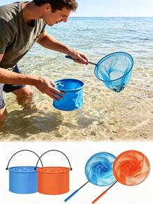 1/2 piezas/Set de pesca de verano al aire libre con cubo plegable & redes telescópicas, cubo plegable multifuncional, red de playa, red de cuchara mini colorida (herramienta de limpieza de piscina), diseño portátil ligero, color aleatorio, adecuado para pesca en la playa, camping, tr - Multicolor - Ver 11