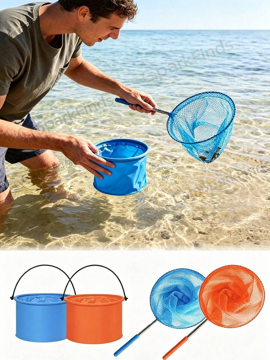 1/2pcs/Set Summer Outdoor Fishing Set With Foldable Bucket & Telescopic Nets, Multi-Functional Foldable Bucket, Beach Net,Colorful Mini Scoop Net (Pool Cleaning Tool), Lightweight Portable Design, Random Color, Suitable For Beach Fishing, Camping, Tr - Multicolor - View 1