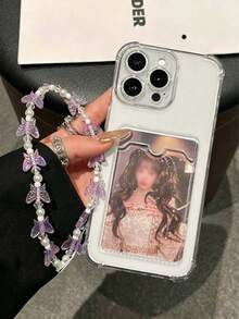 Daily Commute Essential, Durable Transparent TPU Phone Case With Card Slot, Pearl Butterfly Phone Lanyard, Suitable For Men And Women, Anti-Drop, Anti-Slip, Scratch-Resistant, Compatible With Apple 17/17 Air/17 Pro/17 Pro Max, 16/15/14/13/12/11/Pro/Pro Max/Plus, S20-S25 Series-Birthday Gift, Holiday Gift, Best Friend Gift - White+Chain - View 3