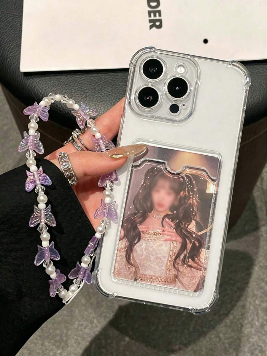 日常通勤必備耐用透明 TPU 手機殼，內建卡槽，珍珠蝴蝶手機掛繩，男女通用，適用 Apple 17/17 Air/17 Pro/17 Pro Max、16/15/14/Pro/Pro Max/Plus 全系列，生日禮物、節日禮物，Apple 13 手機殼、Apple 16 手機殼、A55 5G、S24 Ultra 手機殼