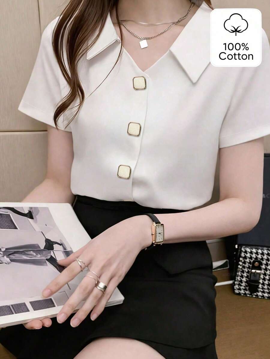 100% Pure Cotton White Button-Down Shirt, Short Sleeve V-Neck With Gold Decorative Buttons - White - View 1