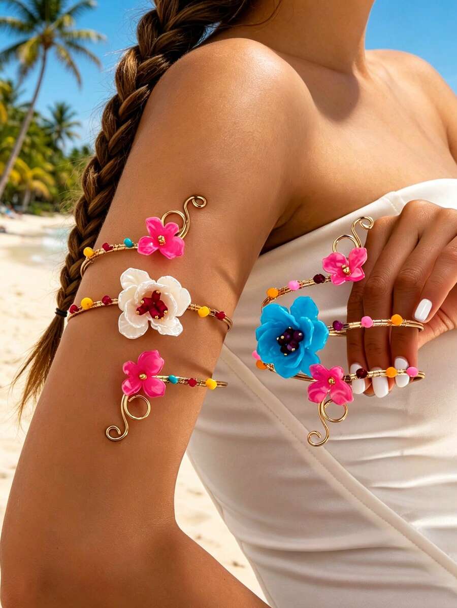 1 pieza/2 piezas Juego de brazaletes de flores 3D coloridas, brazalete abierto de metal con cuentas de alambre, accesorio de brazo multicapa premium para vacaciones en la playa - Brazalete multicapa con diseño floral - Ver 1