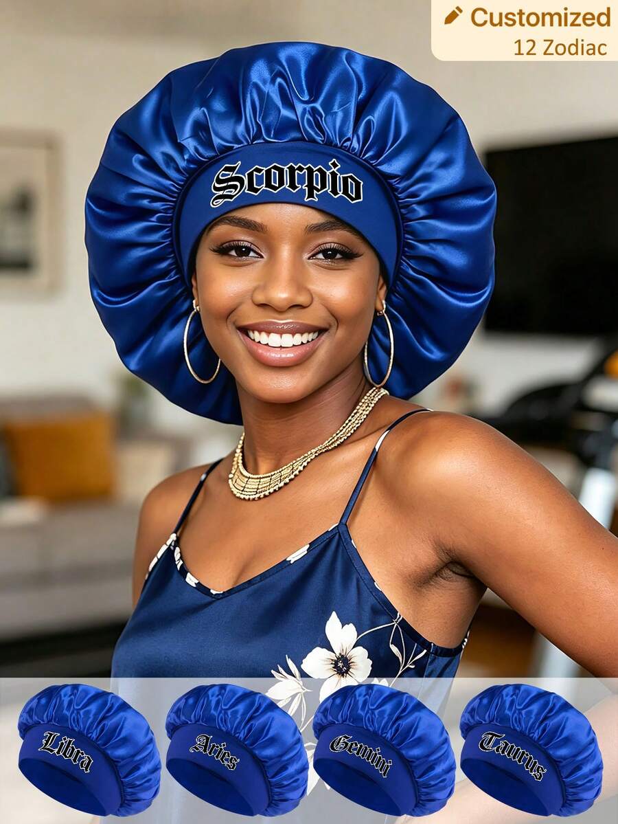 1pc Satin Sleep Cap, Lightweight Hair Protection Bonnet, 12 Zodiac Print Large Size Sleep Cap, Loose Elastic Band, Suitable For Curly Hair Sleep Wear - Multicolor - View 1