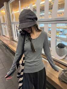 Solid Color Asymmetrical Neckline Tie Long Sleeve Slim Fit Cold Shoulder Inner Layer T-Shirt - Grey - View 3