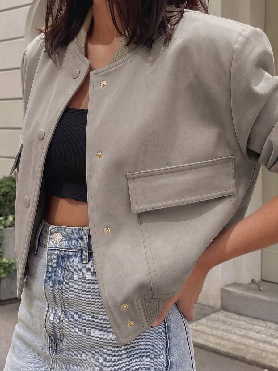 Apperloth A Chaqueta bomber oversize con cuello de béisbol, bolsillo con solapa y botones, de unicolor, estilo streetwear de los 90, para primavera - Gris Oscuro - Ver 1
