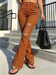 Stylish Women's Elegant Brown Straight Leg Jeans, High Stretch Denim With Ripped Details For A Casual Yet Chic Look, Ideal For Spring - 橘色 - 查看 4
