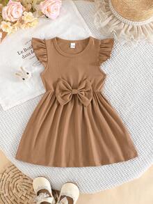Conjunto de dos piezas para niños pequeños con cuello redondo, mangas de volantes, estampado de mariposas y ribete acanalado de unicolor – Simple, lindo y perfecto para primavera y verano. - Caqui - Ver 8