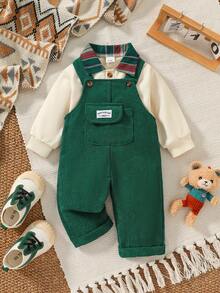 2pcs/Set Baby Boy Long Sleeve Plaid Collar Vintage Style Overalls Set, Spring/Autumn Children's Clothing - Multicolor - View 2