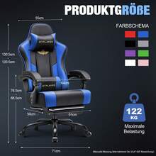EXRACING Gaming Chair - Ergonomic Gaming Chair With Footrest, Headrest And Lumbar Support, Height Adjustable, Padded, 180 Kg - 藍色 - 查看 4