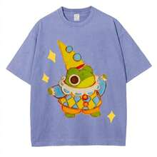 Summer Tops 100% Cotton, Funny Clown Frog Print T-Shirt, Suitable For Daily Wear, A Must-Have For The Beach, Cute Cartoon Pattern, Unisex, Perfect Gif - 紫色 - 查看 1