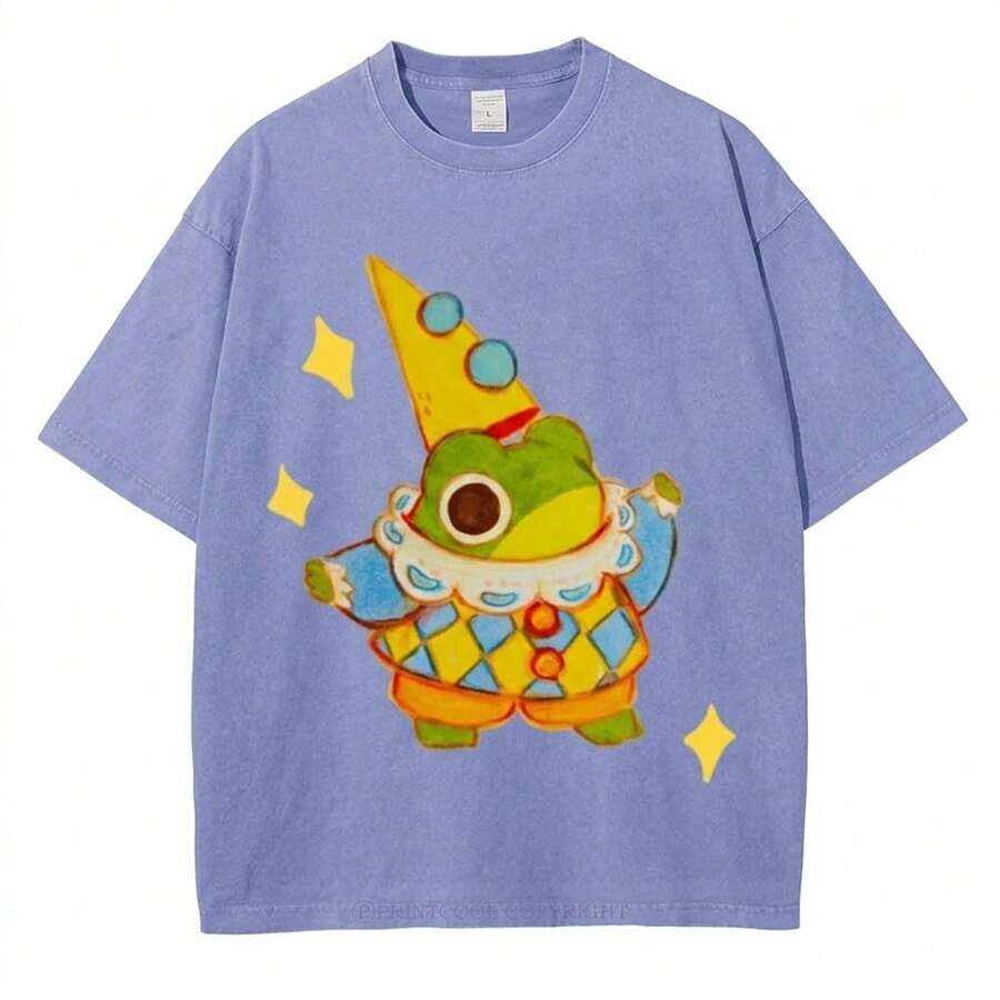 Summer Tops 100% Cotton, Funny Clown Frog Print T-Shirt, Suitable For Daily Wear, A Must-Have For The Beach, Cute Cartoon Pattern, Unisex, Perfect Gif - 紫色 - 查看 1